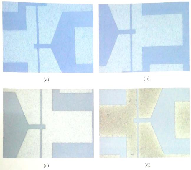 Ni金属层厚度为36nm(a)、45nm(b)、55nm(c)和65nm(d)时的欧姆接触形貌