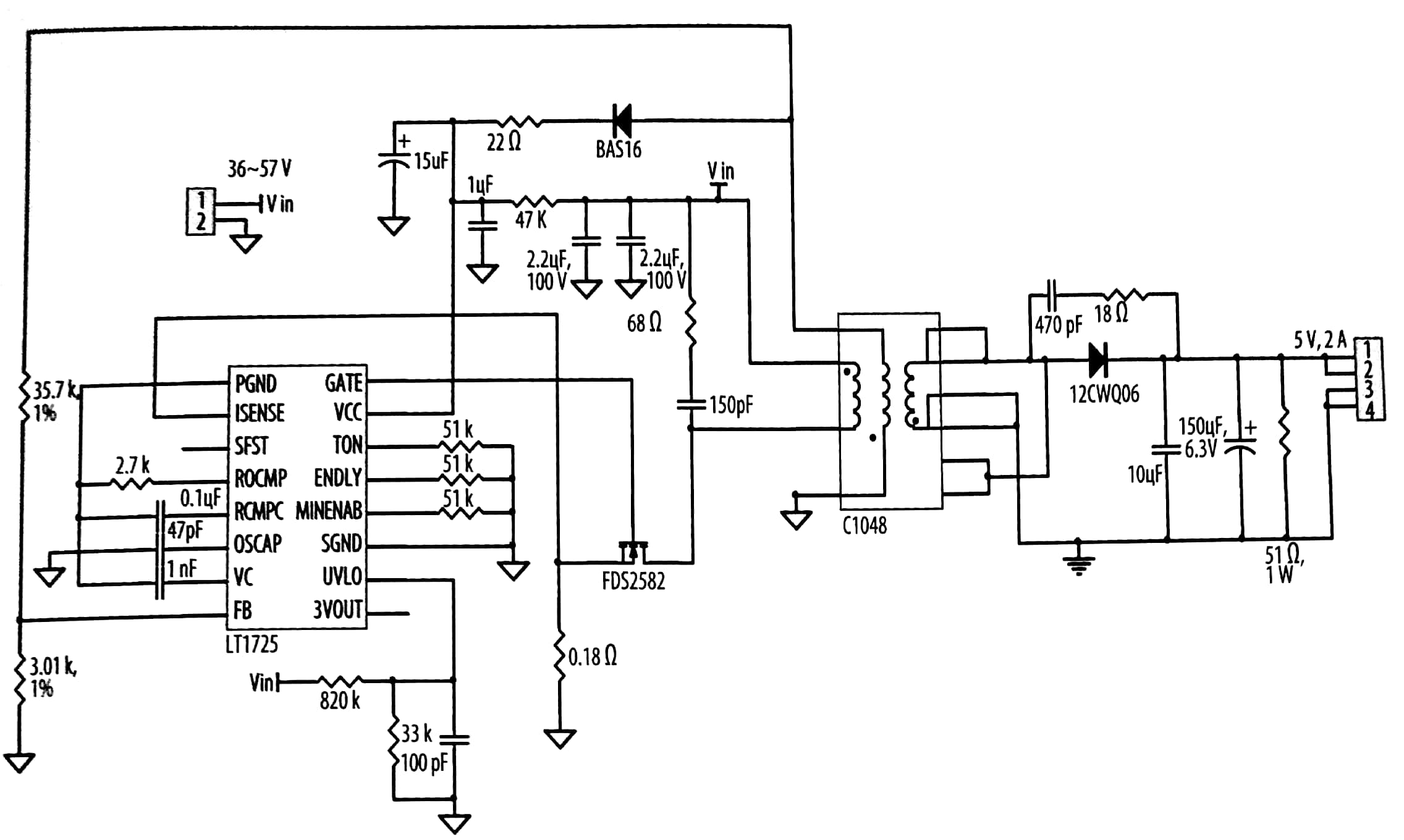应用于以太网供电,LT1725的48V至5V、13W的反激式转換器