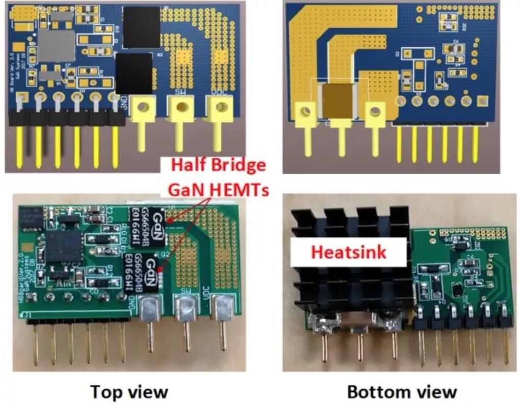 初级侧半桥电路子卡PCB布局（上图）及实物照片（下图）