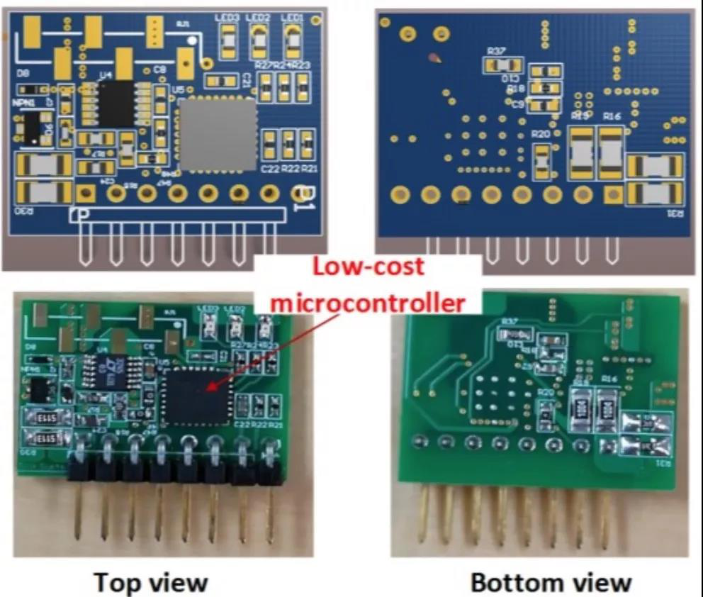 初级侧数字控制子卡PCB布局（上图）与实物照片（下图）