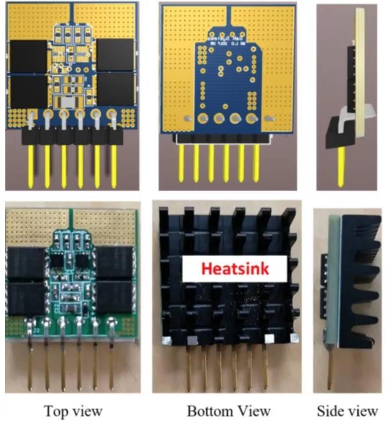 次级侧同步整流电路子卡PCB布局(上图)与实物照片(下图)