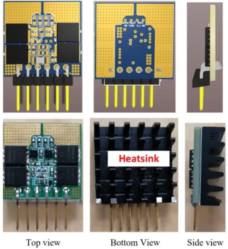 次级侧同步整流电路子卡PCB布局（上图）与实物照片（下图）  